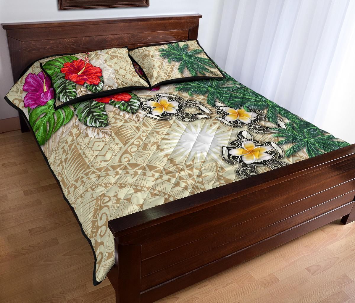 Marshall Islands Polynesian Quilt Bed Set - Hibiscus Turtle Tattoo Beige-Myprintsy