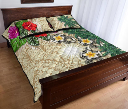 Marshall Islands Polynesian Quilt Bed Set - Hibiscus Turtle Tattoo Beige-Myprintsy
