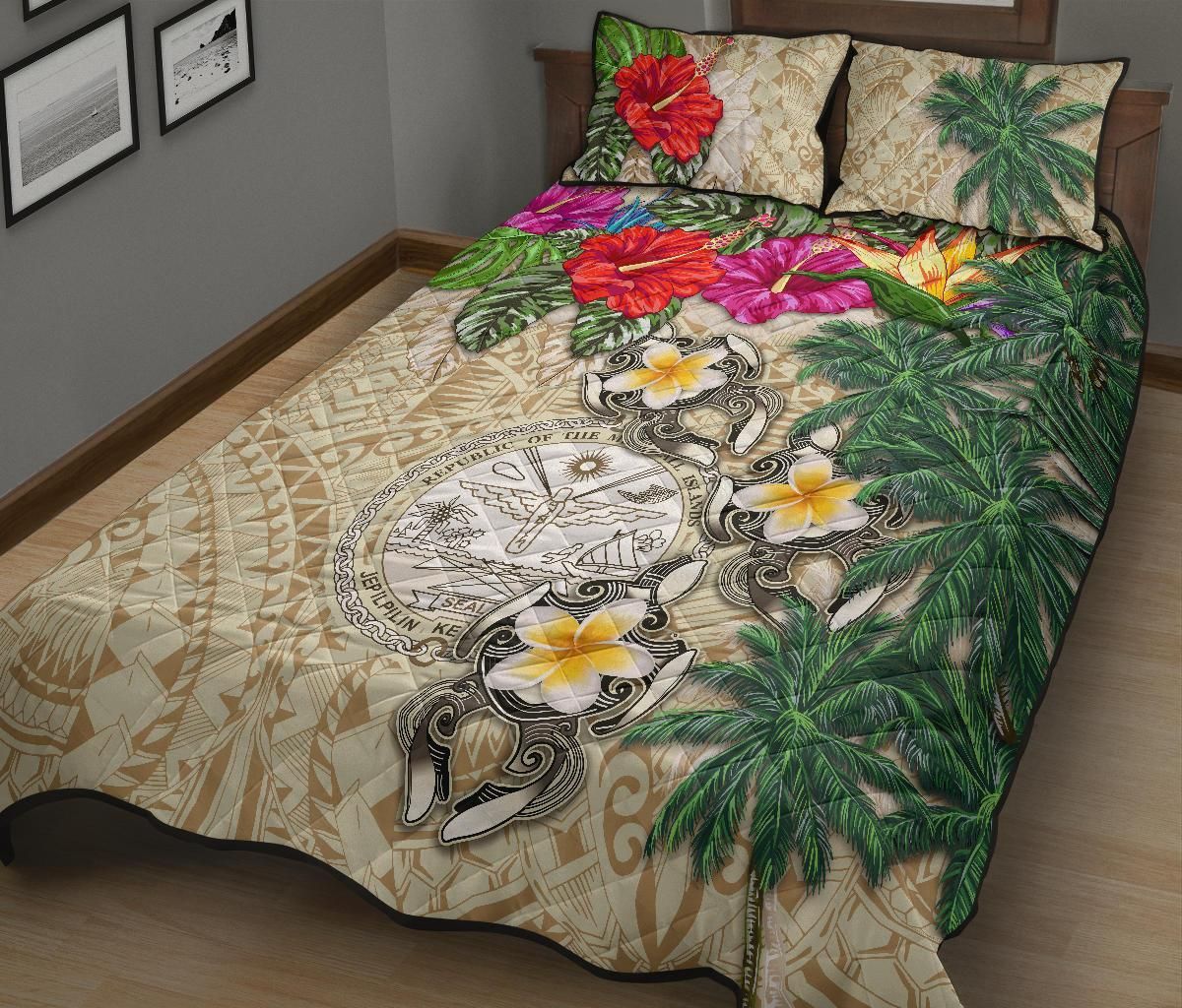 Marshall Islands Polynesian Quilt Bed Set - Hibiscus Turtle Tattoo Beige-Myprintsy