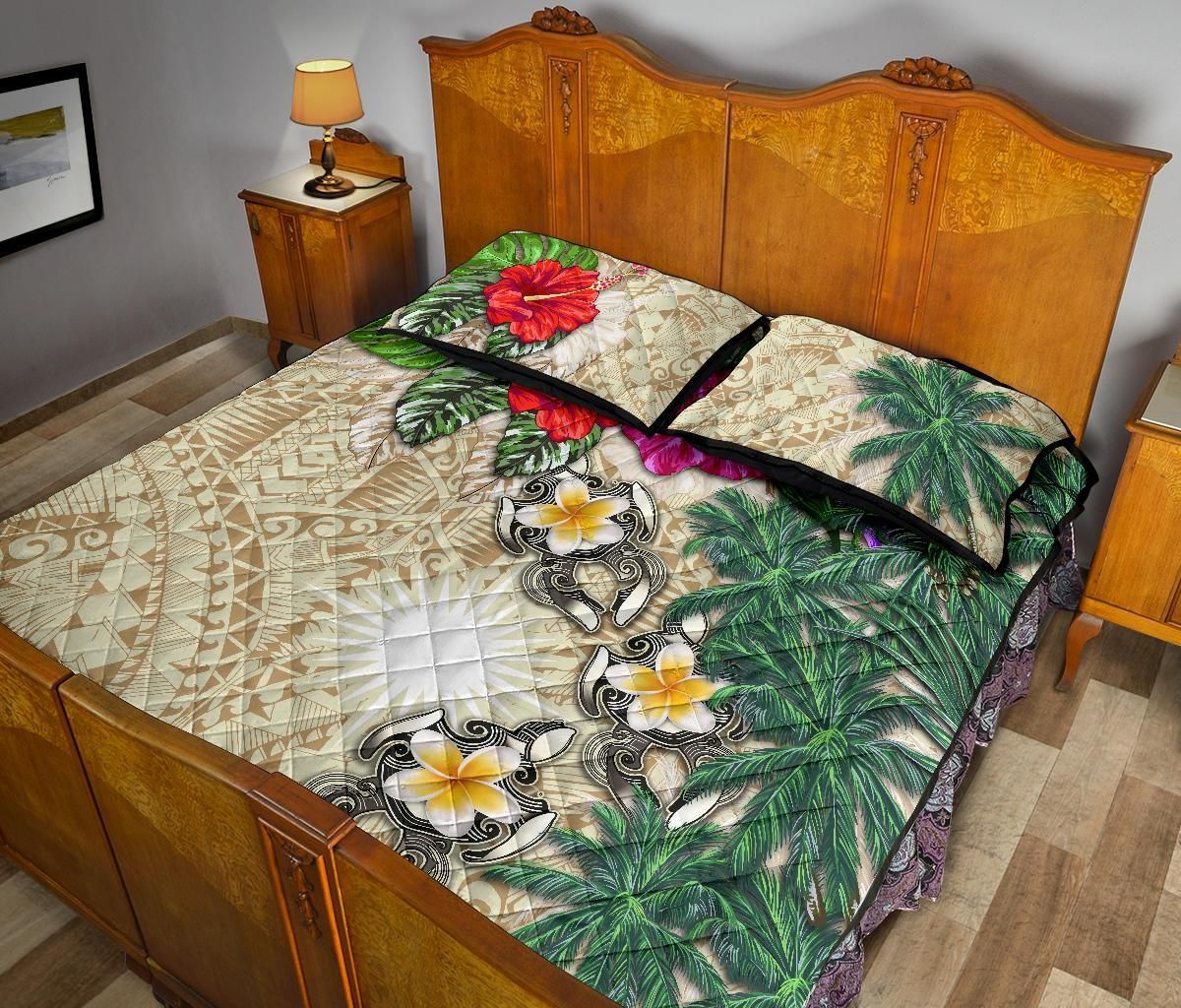 Marshall Islands Polynesian Quilt Bed Set - Hibiscus Turtle Tattoo Beige-Myprintsy