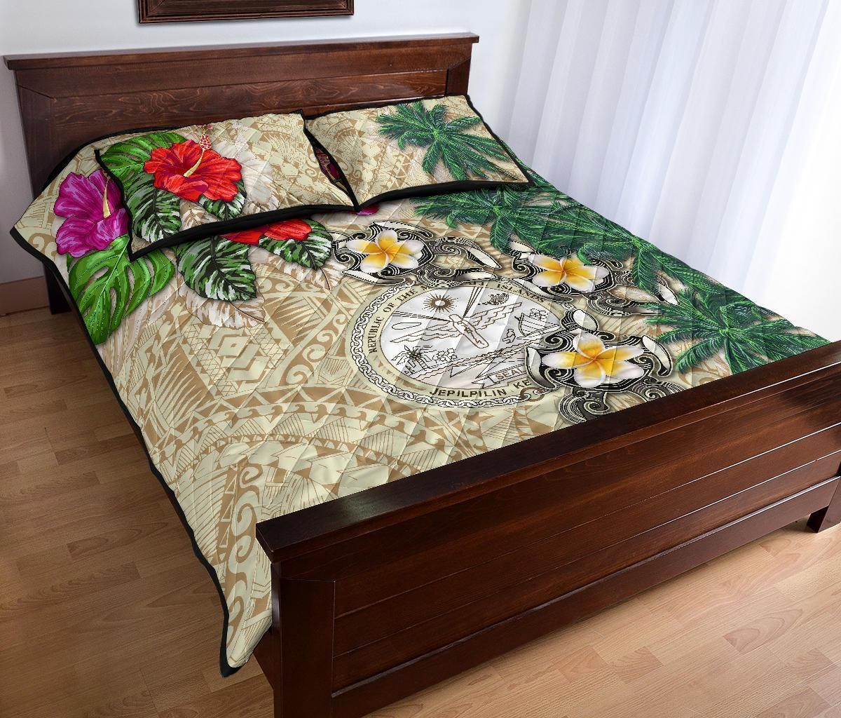 Marshall Islands Polynesian Quilt Bed Set - Hibiscus Turtle Tattoo Beige-Myprintsy
