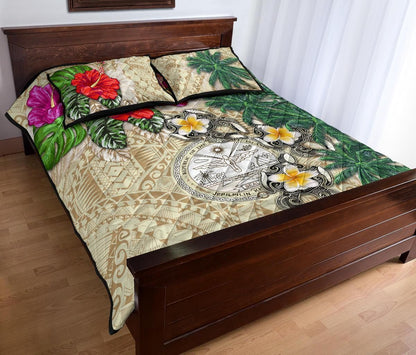 Marshall Islands Polynesian Quilt Bed Set - Hibiscus Turtle Tattoo Beige-Myprintsy