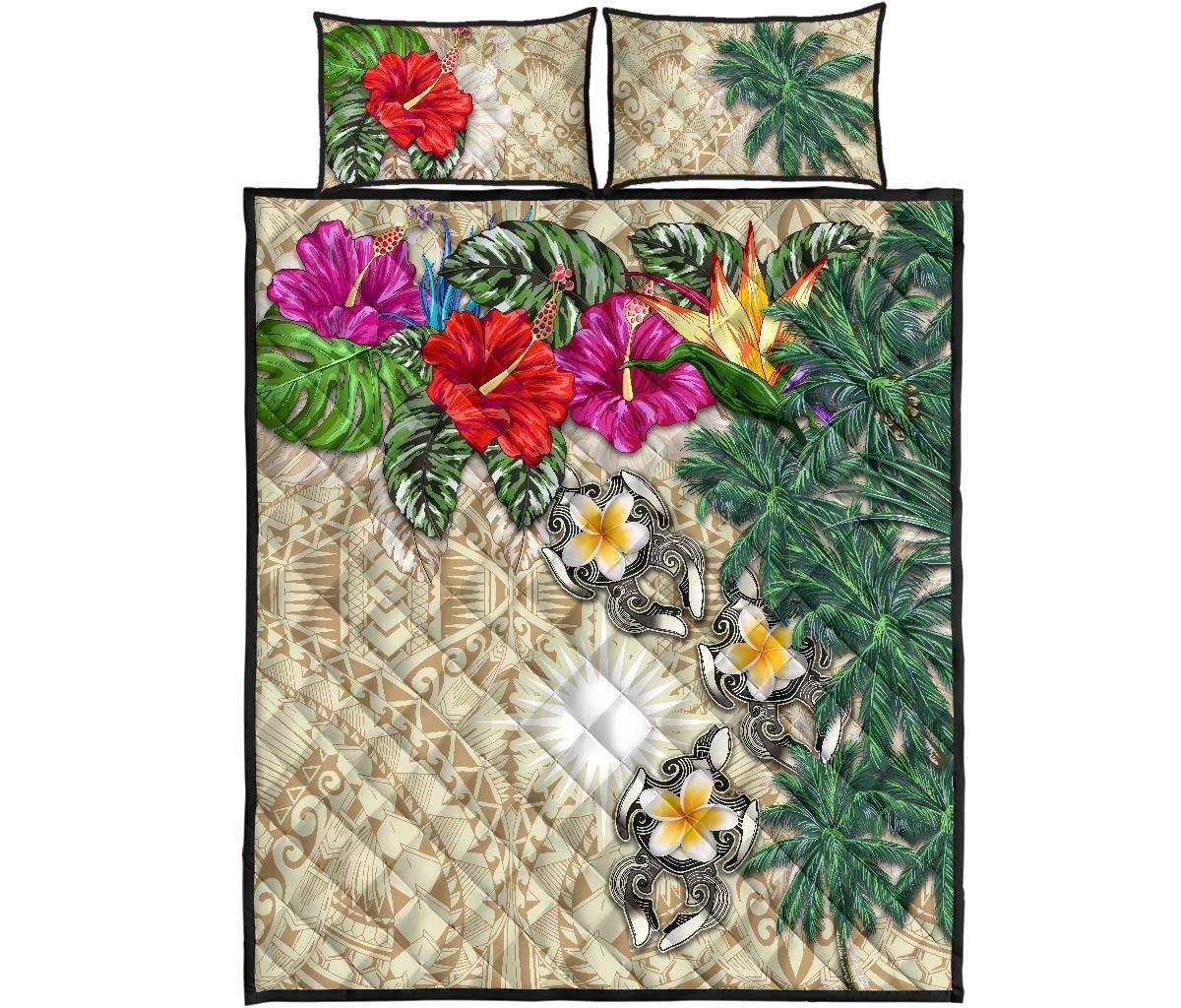 Marshall Islands Polynesian Quilt Bed Set - Hibiscus Turtle Tattoo Beige-Myprintsy