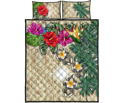 Marshall Islands Polynesian Quilt Bed Set - Hibiscus Turtle Tattoo Beige-Myprintsy