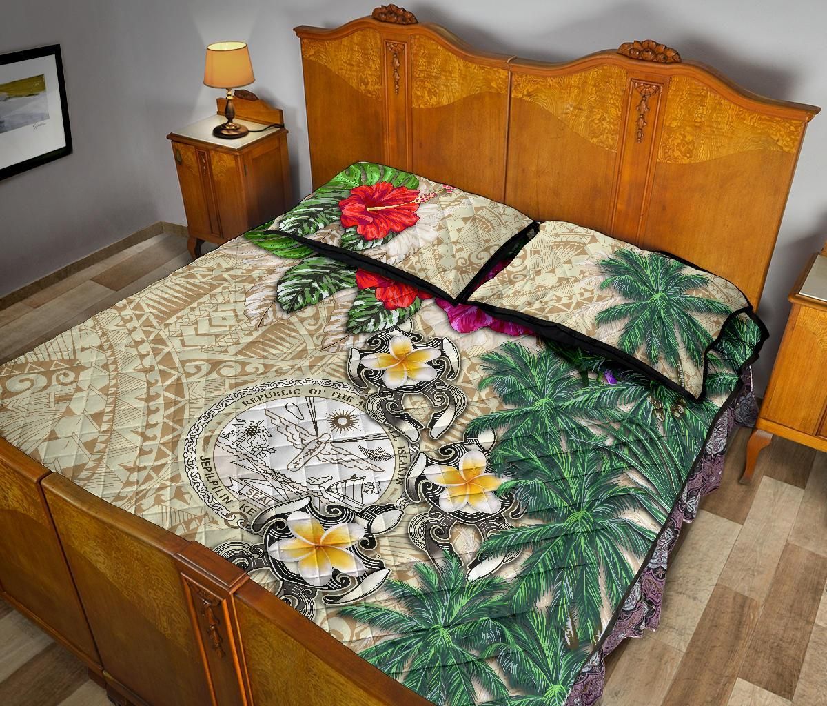 Marshall Islands Polynesian Quilt Bed Set - Hibiscus Turtle Tattoo Beige-Myprintsy
