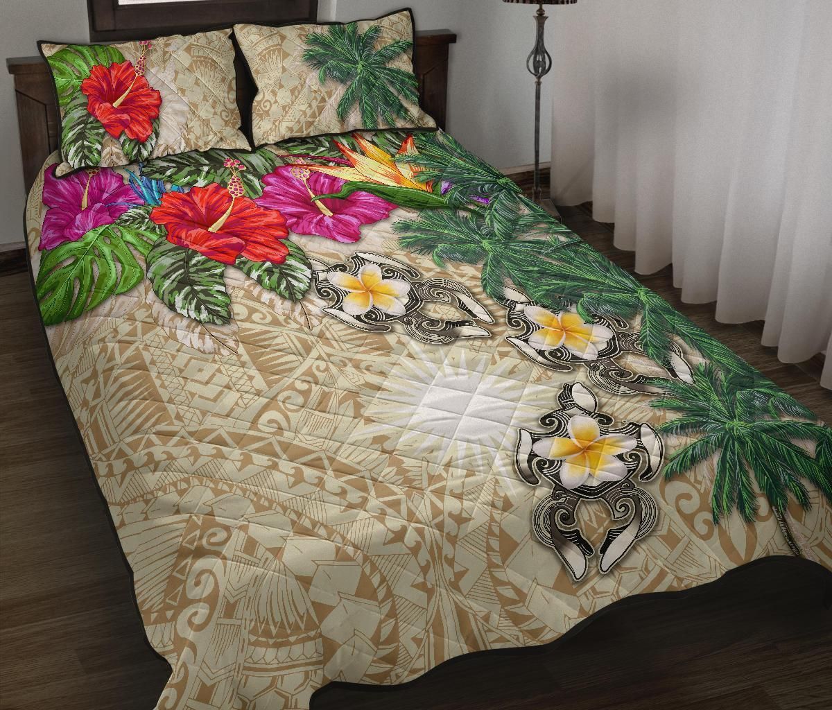 Marshall Islands Polynesian Quilt Bed Set - Hibiscus Turtle Tattoo Beige-Myprintsy
