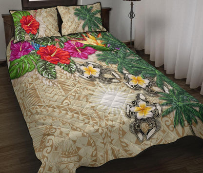 Marshall Islands Polynesian Quilt Bed Set - Hibiscus Turtle Tattoo Beige-Myprintsy