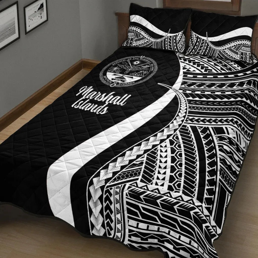 Marshall Islands Quilt Bed Set - White Polynesian Tentacle Tribal Pattern Crest