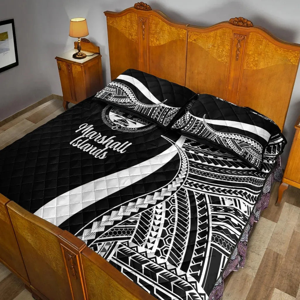 Marshall Islands Quilt Bed Set - White Polynesian Tentacle Tribal Pattern Crest