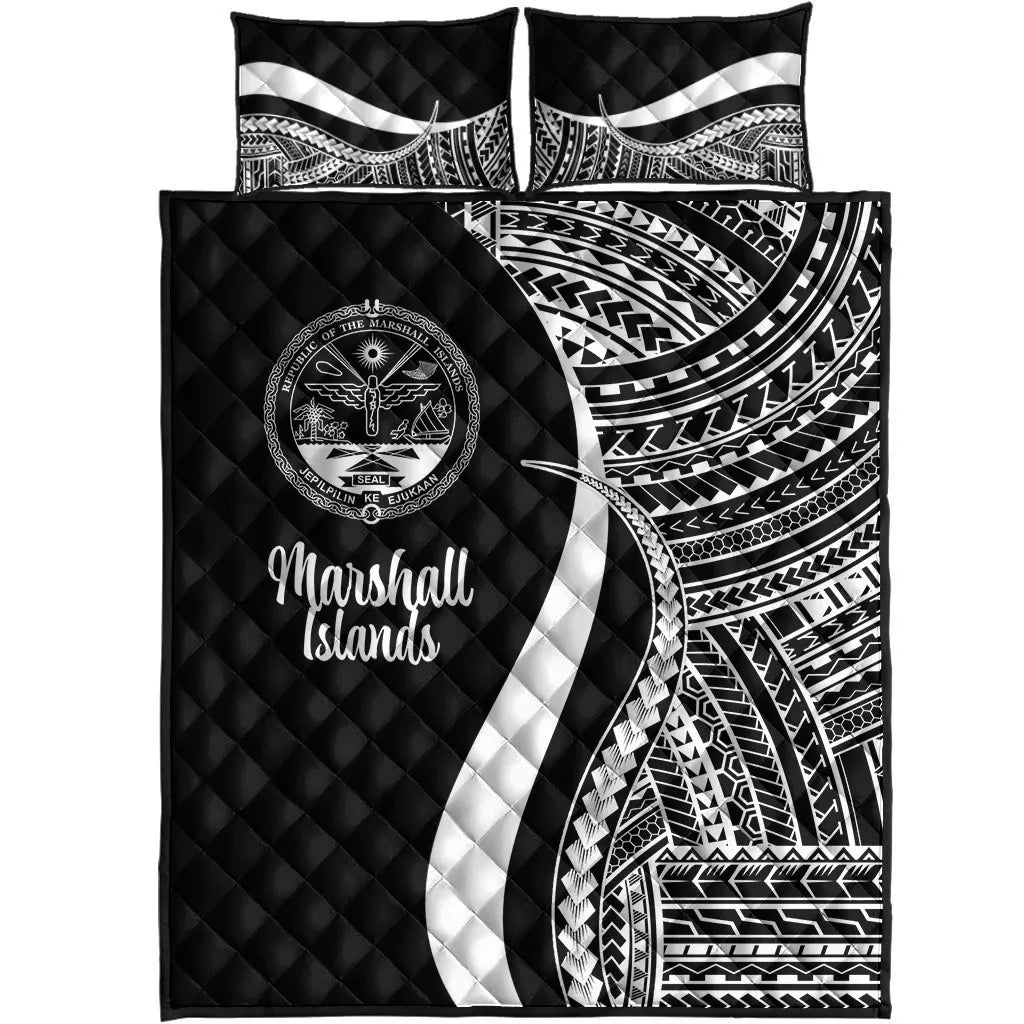 Marshall Islands Quilt Bed Set - White Polynesian Tentacle Tribal Pattern Crest