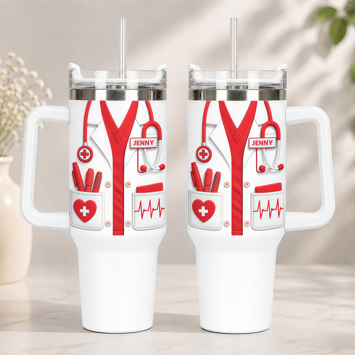 Medical Essentials, Stethoscope And Heartbeat Line Tumbler - Personalized 40oz Tumbler With Straw, Gift for Medical Professionals And Students-Myprintsy
