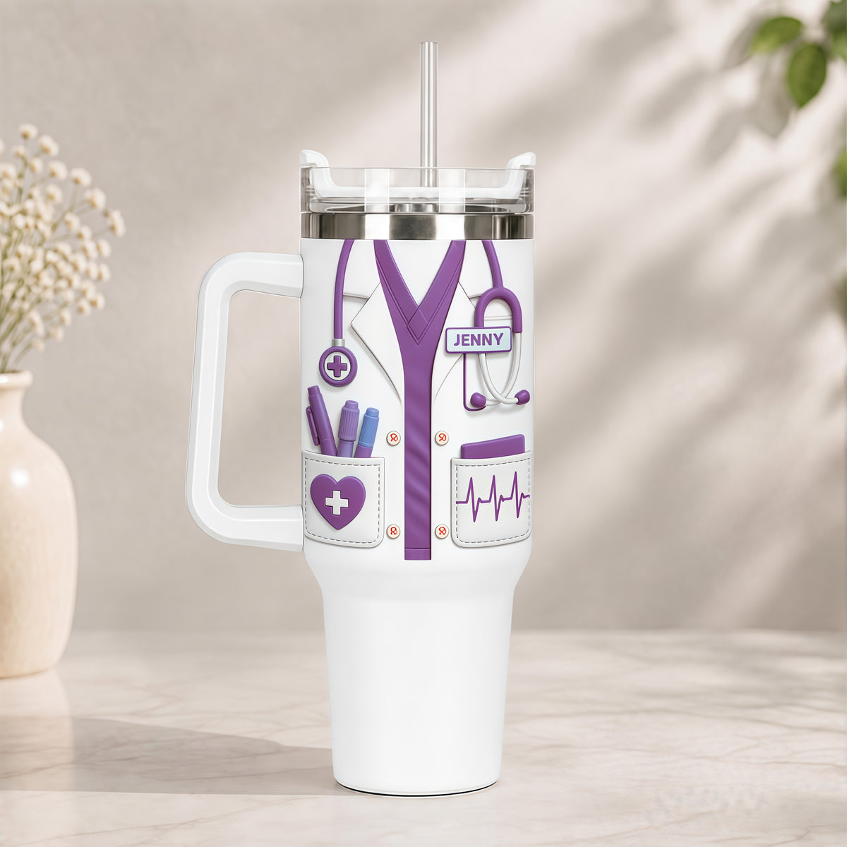 Medical Essentials, Stethoscope And Heartbeat Line Tumbler - Personalized 40oz Tumbler With Straw, Gift for Medical Professionals And Students-Myprintsy
