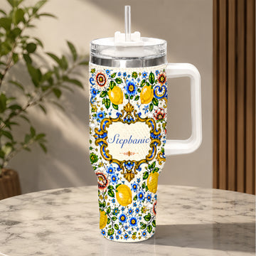 Mediterranean Style & Majolica Print Blue Lemon - Personalized 40oz Rhinestone Tumbler With Straw-Myprintsy