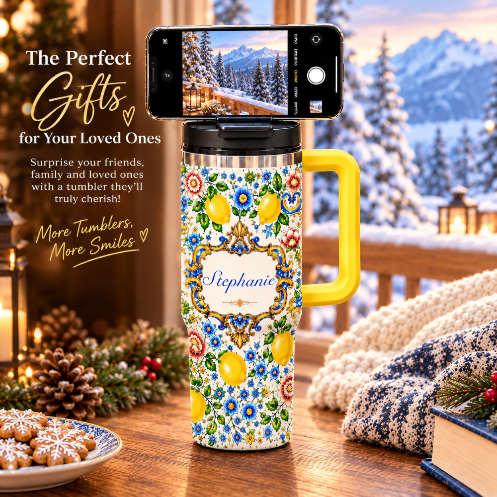 Mediterranean Style & Majolica Print Blue Lemon - Personalized 40oz Tumbler With Straw-Myprintsy