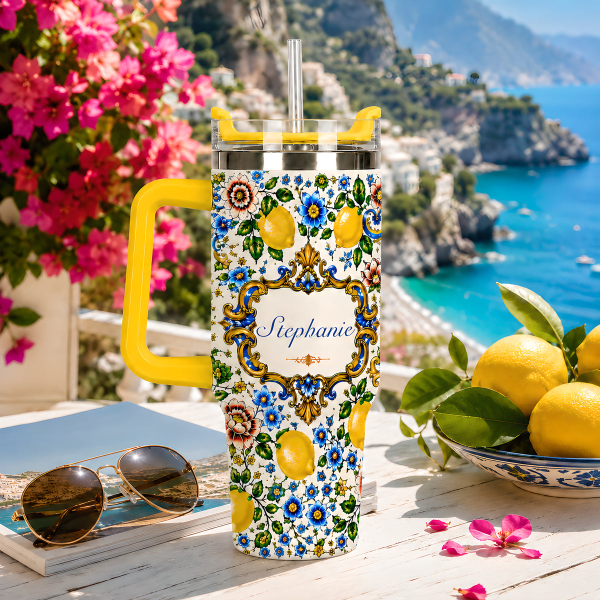 Mediterranean Style & Majolica Print Blue Lemon - Personalized 40oz Tumbler With Straw-Myprintsy
