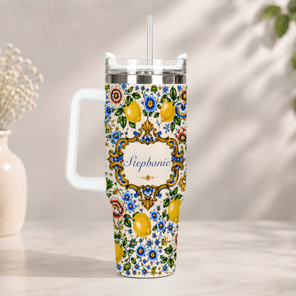 Mediterranean Style & Majolica Print Blue Lemon - Personalized 40oz Tumbler With Straw-Myprintsy