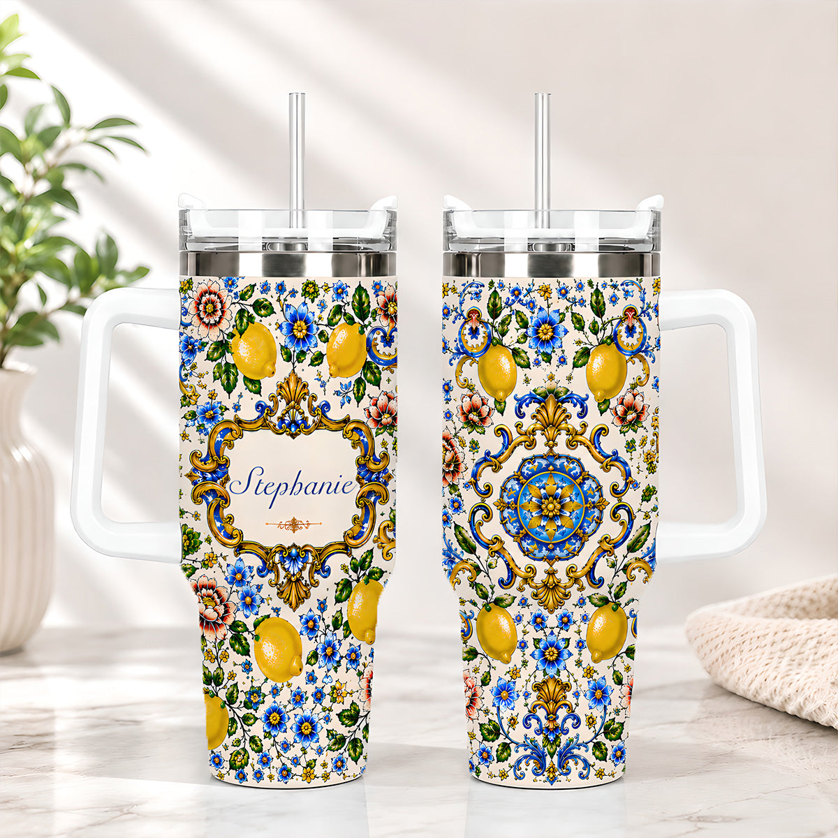 Mediterranean Style & Majolica Print Blue Lemon - Personalized 40oz Tumbler With Straw-Myprintsy