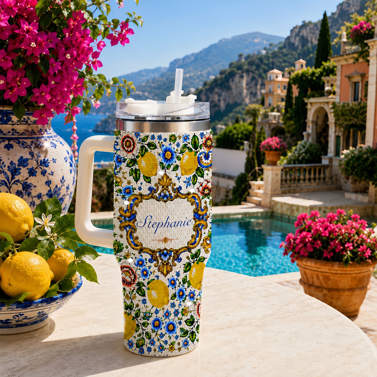 Mediterranean Style & Majolica Print Blue Lemon - Personalized 40oz Tumbler With Straw-Myprintsy