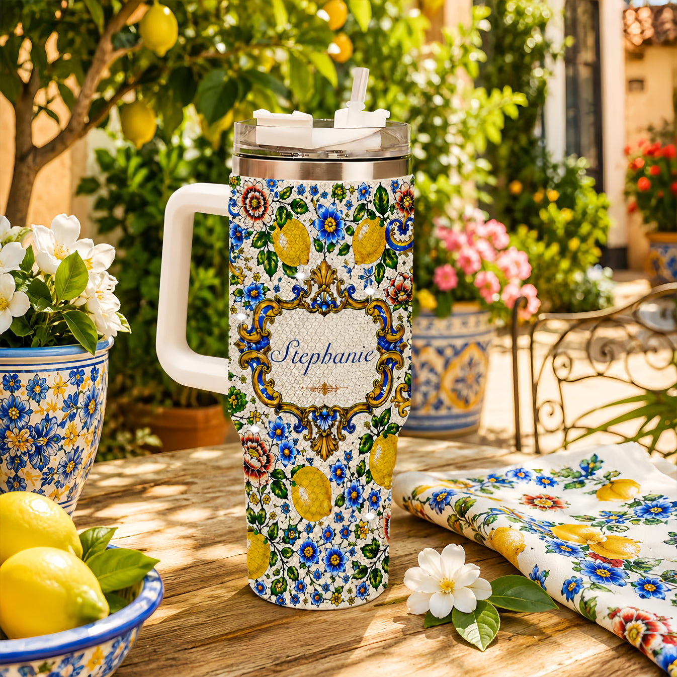 Mediterranean Style & Majolica Print Blue Lemon - Personalized 40oz Tumbler With Straw-Myprintsy