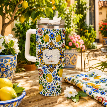 Mediterranean Style & Majolica Print Blue Lemon - Personalized 40oz Tumbler With Straw-Myprintsy