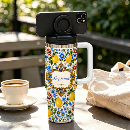 Mediterranean Style & Majolica Print Blue Lemon - Personalized 40oz Tumbler With Straw-Myprintsy