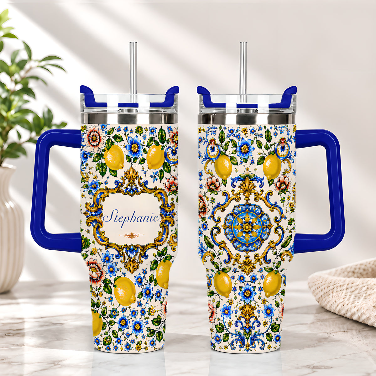 Mediterranean Style & Majolica Print Blue Lemon - Personalized 40oz Tumbler With Straw-Myprintsy