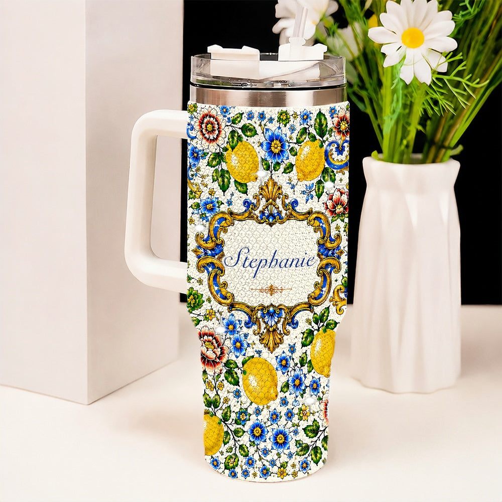 Mediterranean Style & Majolica Print Blue Lemon - Personalized 40oz Tumbler With Straw-Myprintsy