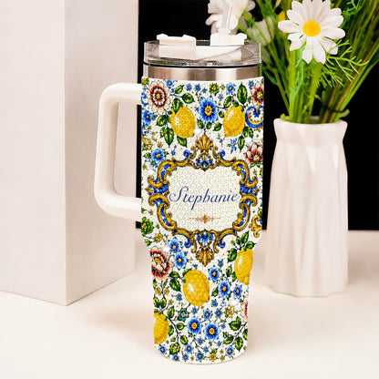 Mediterranean Style & Majolica Print Blue Lemon - Personalized 40oz Tumbler With Straw-Myprintsy