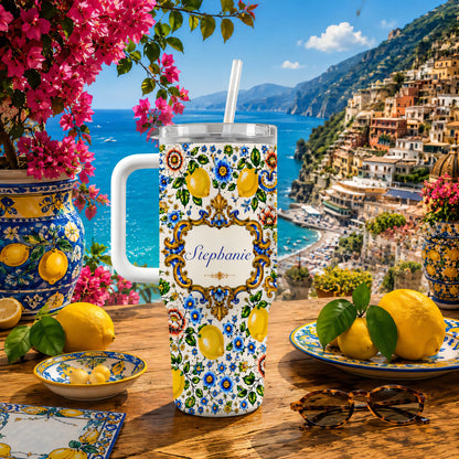 Mediterranean Style & Majolica Print Blue Lemon - Personalized 40oz Tumbler With Straw-Myprintsy