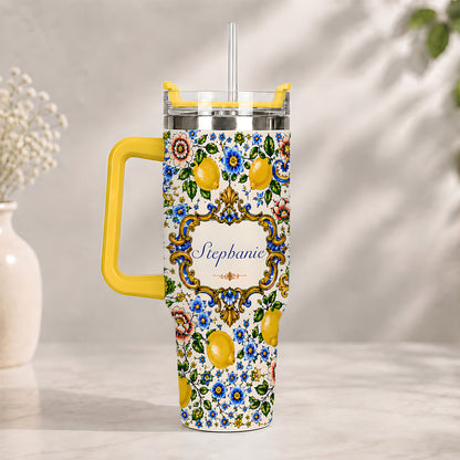 Mediterranean Style & Majolica Print Blue Lemon - Personalized 40oz Tumbler With Straw-Myprintsy