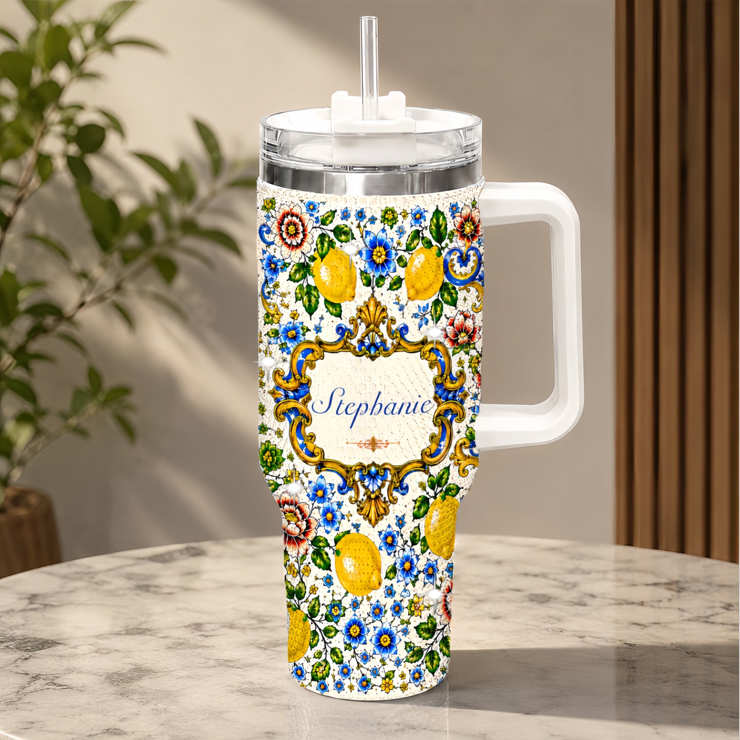 Mediterranean Style & Majolica Print Blue Lemon - Personalized 40oz Tumbler With Straw-Myprintsy