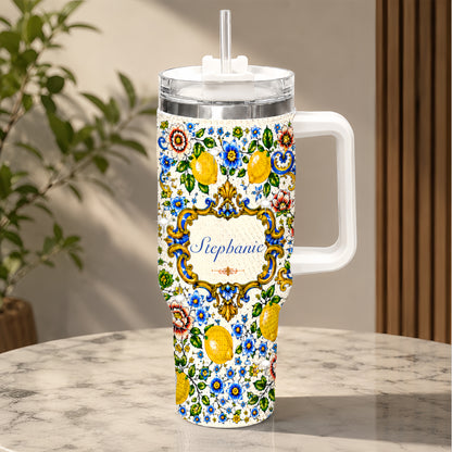 Mediterranean Style & Majolica Print Blue Lemon - Personalized 40oz Tumbler With Straw-Myprintsy
