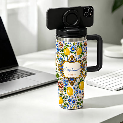 Mediterranean Style & Majolica Print Blue Lemon - Personalized 40oz Tumbler With Straw-Myprintsy