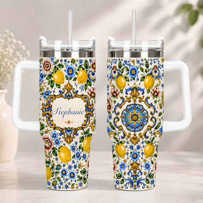 Mediterranean Style & Majolica Print Blue Lemon - Personalized 40oz Tumbler With Straw-Myprintsy