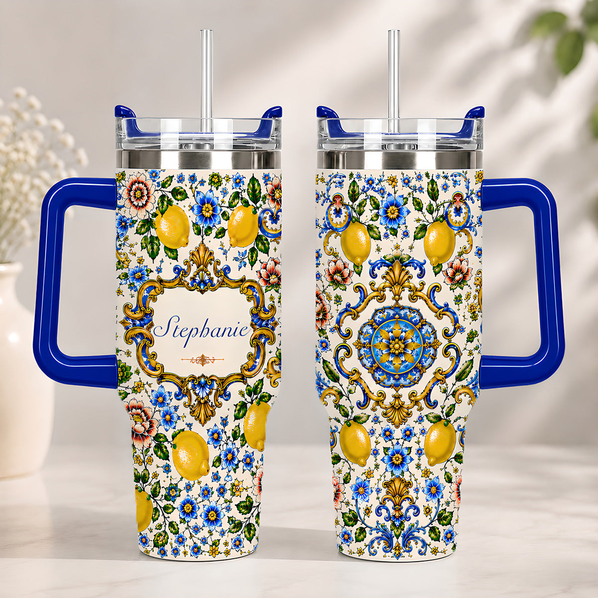 Mediterranean Style & Majolica Print Blue Lemon - Personalized 40oz Tumbler With Straw-Myprintsy