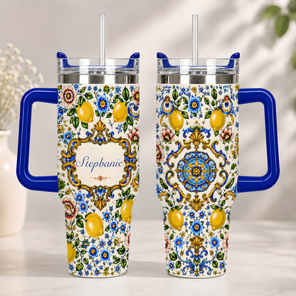 Mediterranean Style & Majolica Print Blue Lemon - Personalized 40oz Tumbler With Straw-Myprintsy