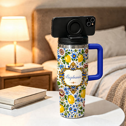 Mediterranean Style & Majolica Print Blue Lemon - Personalized 40oz Tumbler With Straw-Myprintsy