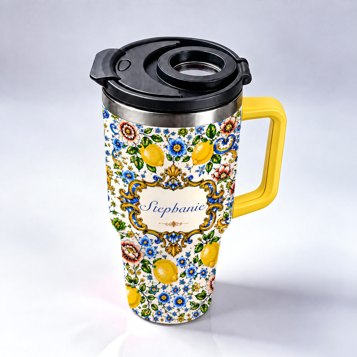 Mediterranean Style & Majolica Print Blue Lemon - Personalized 40oz Tumbler With Straw-Myprintsy