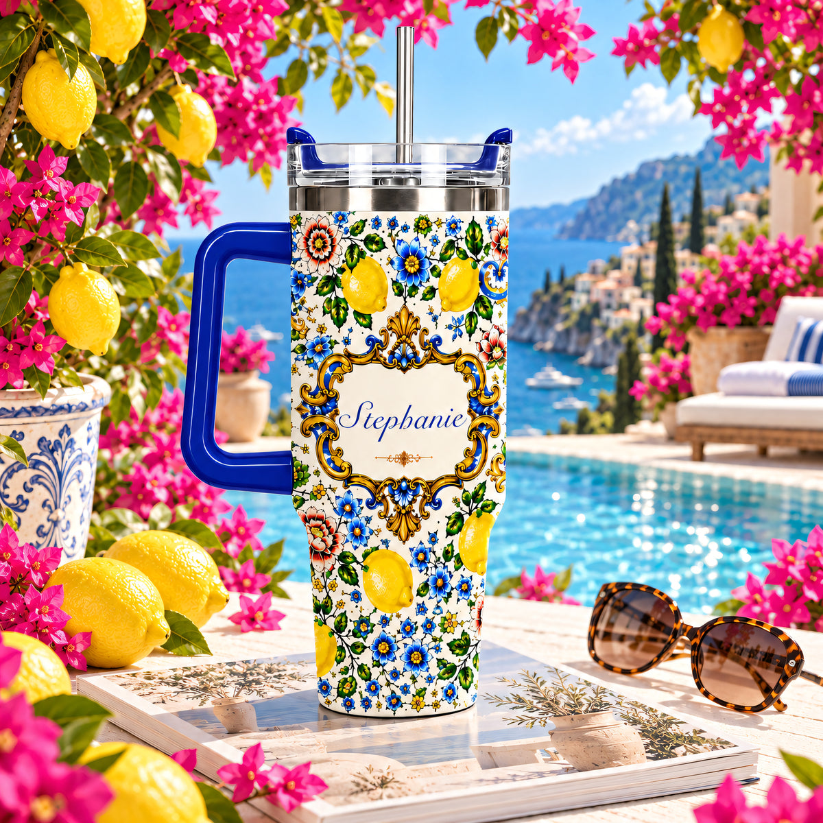 Mediterranean Style & Majolica Print Blue Lemon - Personalized 40oz Tumbler With Straw-Myprintsy