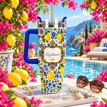 Mediterranean Style & Majolica Print Blue Lemon - Personalized 40oz Tumbler With Straw-Myprintsy