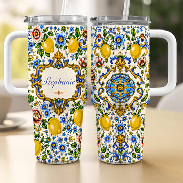 Mediterranean Style & Majolica Print Blue Lemon - Personalized 40oz Tumbler With Straw-Myprintsy