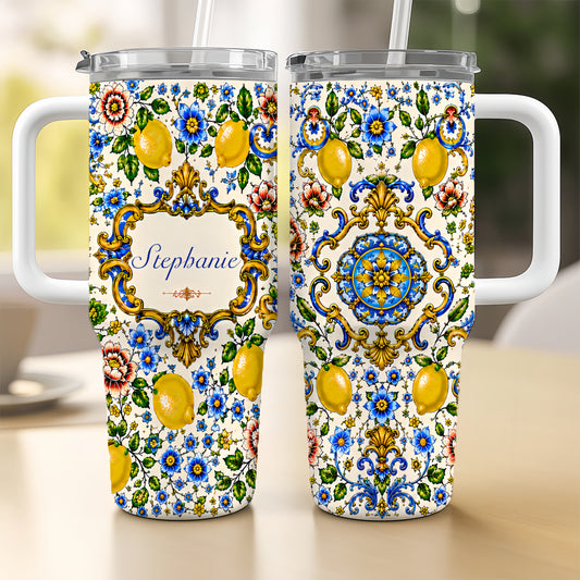 Mediterranean Style & Majolica Print Blue Lemon - Personalized 40oz Tumbler With Straw-Myprintsy