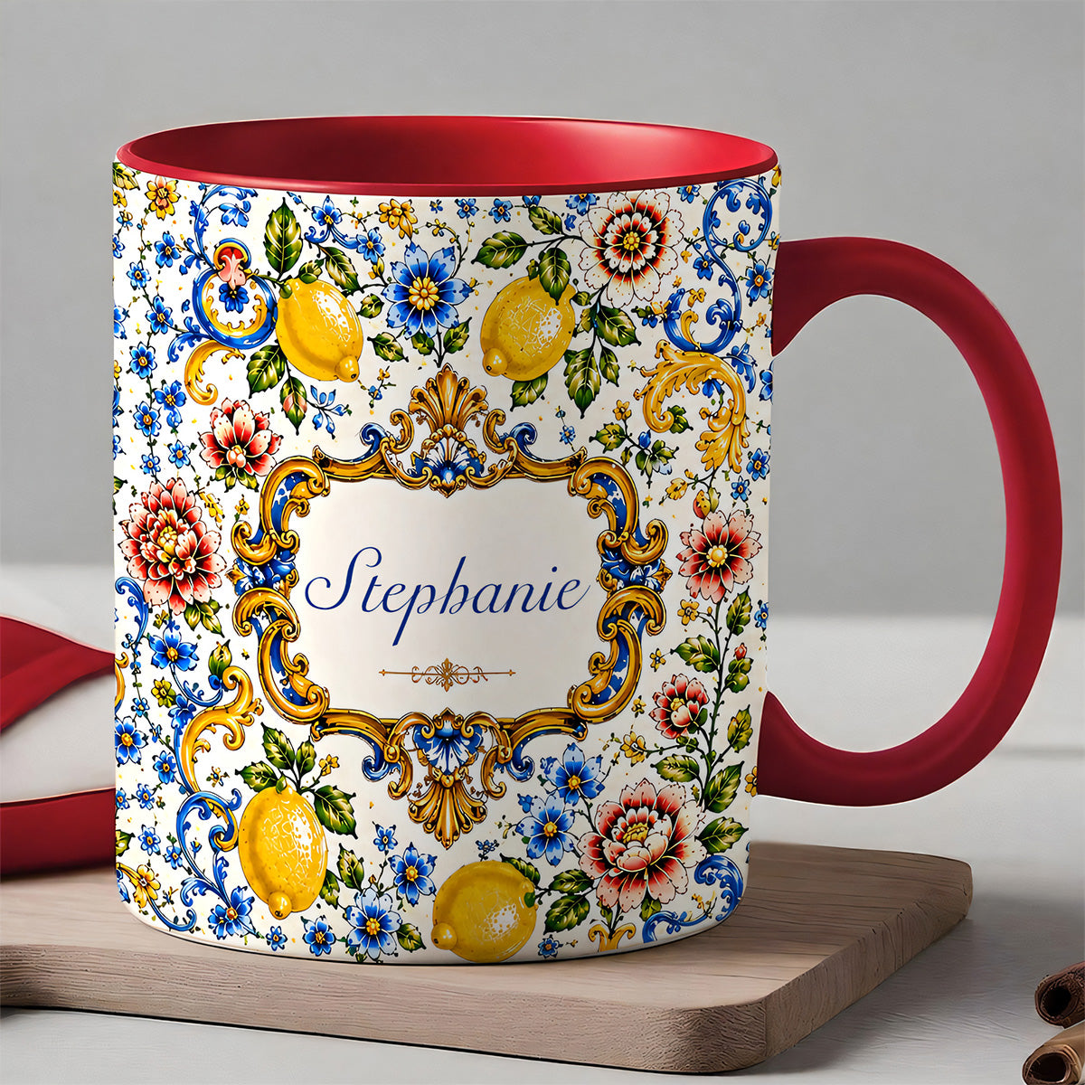 Mediterranean Style & Majolica Print Blue Lemon - Personalized Accent Mug-Myprintsy