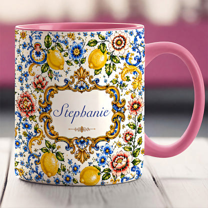Mediterranean Style & Majolica Print Blue Lemon - Personalized Accent Mug-Myprintsy