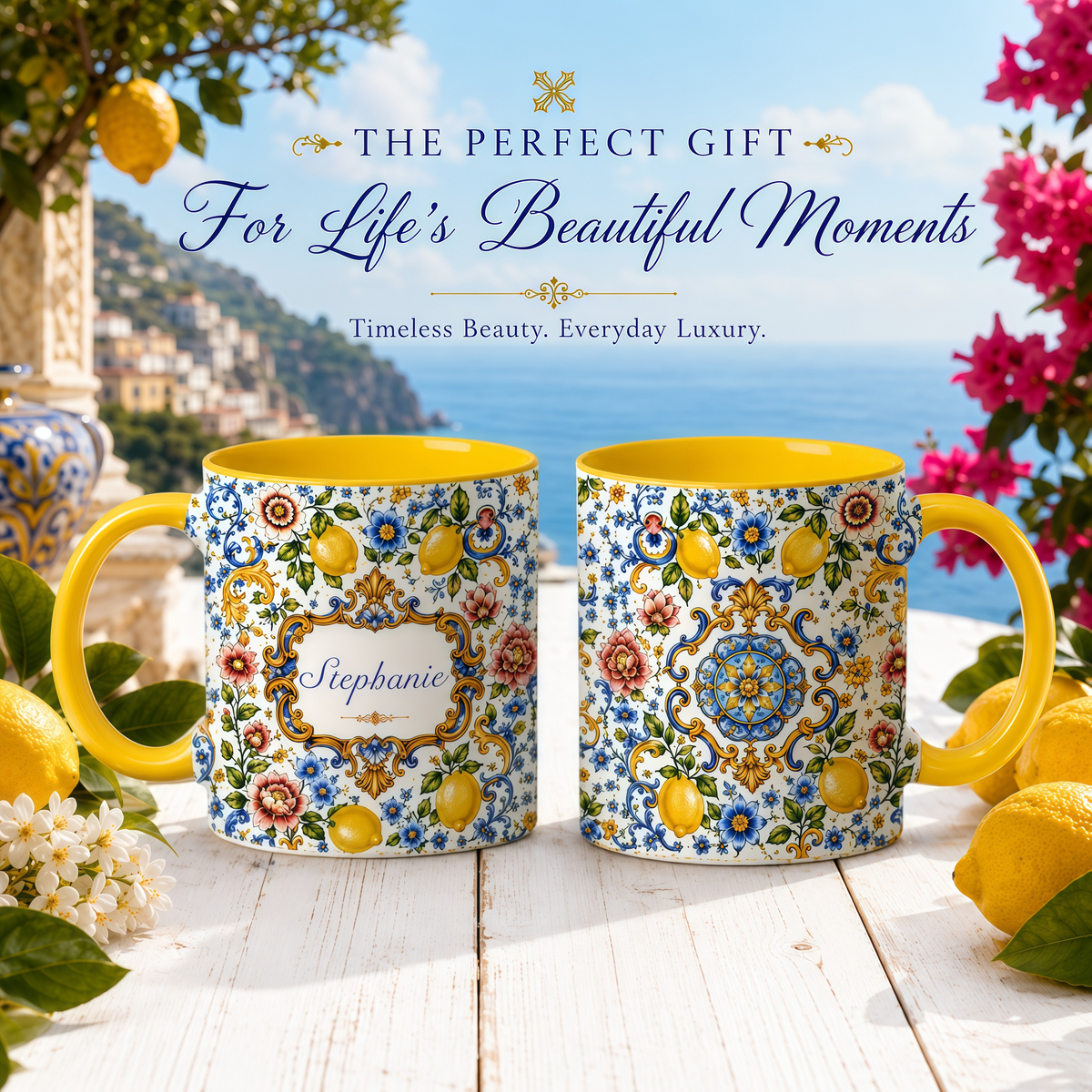 Mediterranean Style & Majolica Print Blue Lemon - Personalized Accent Mug [TEST]-Myprintsy