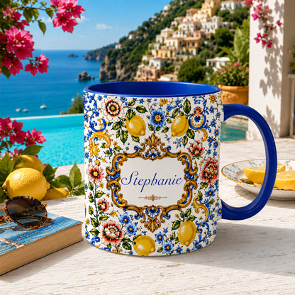 Mediterranean Style & Majolica Print Blue Lemon - Personalized Accent Mug-Myprintsy