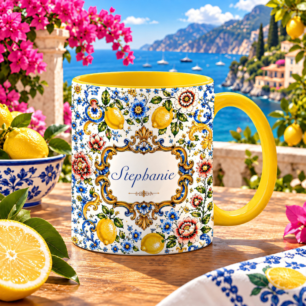Mediterranean Style & Majolica Print Blue Lemon - Personalized Accent Mug-Myprintsy