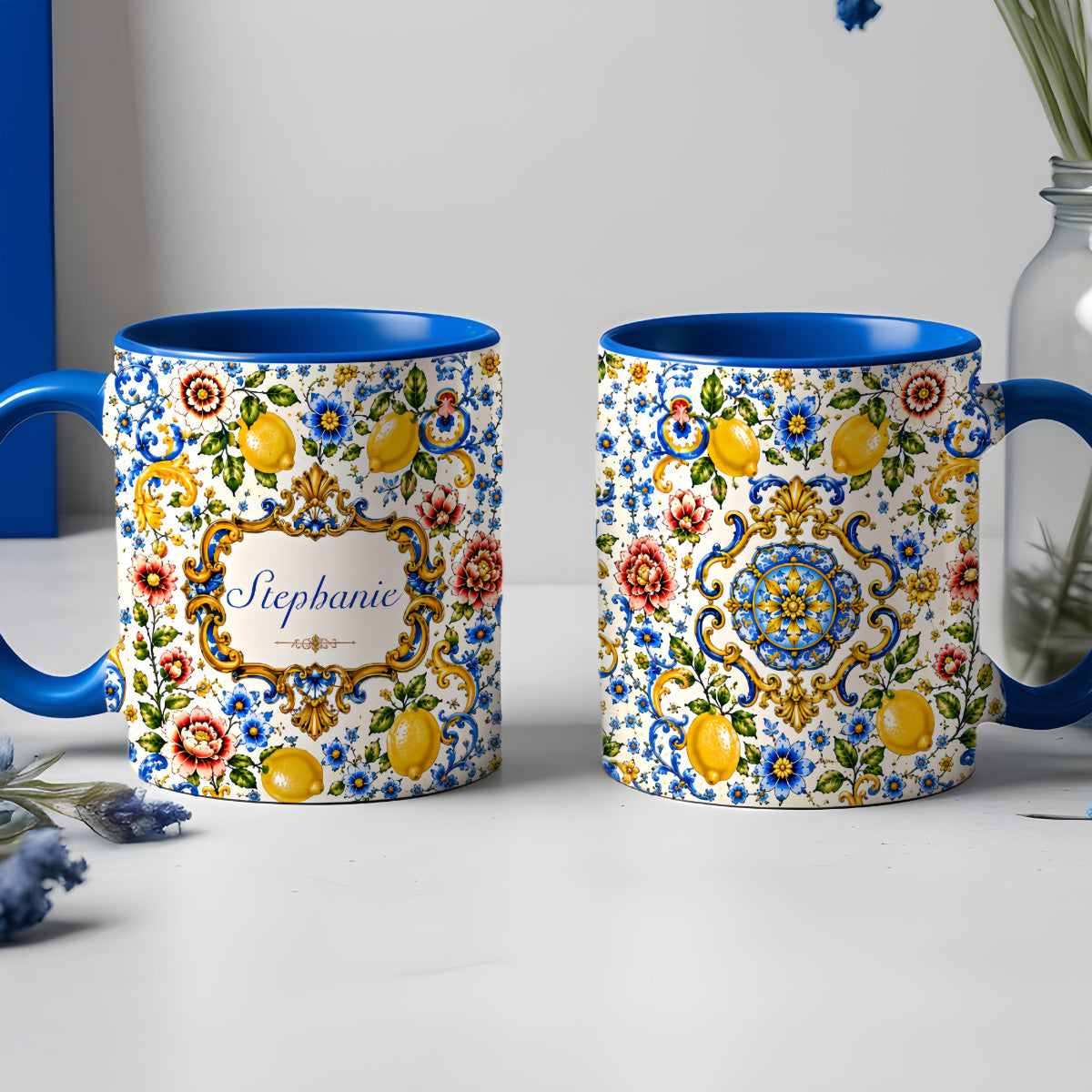 Mediterranean Style & Majolica Print Blue Lemon - Personalized Accent Mug-Myprintsy