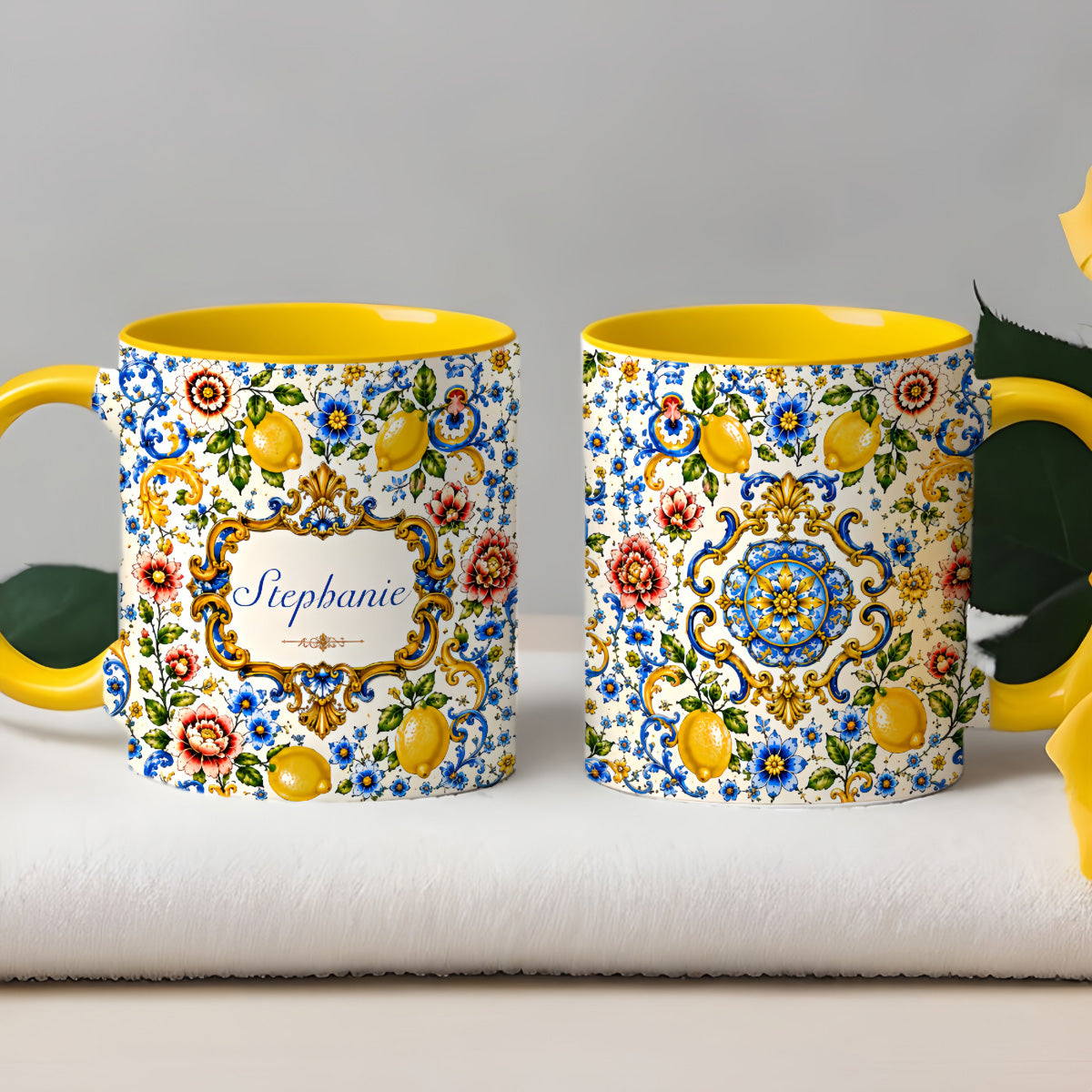 Mediterranean Style & Majolica Print Blue Lemon - Personalized Accent Mug-Myprintsy