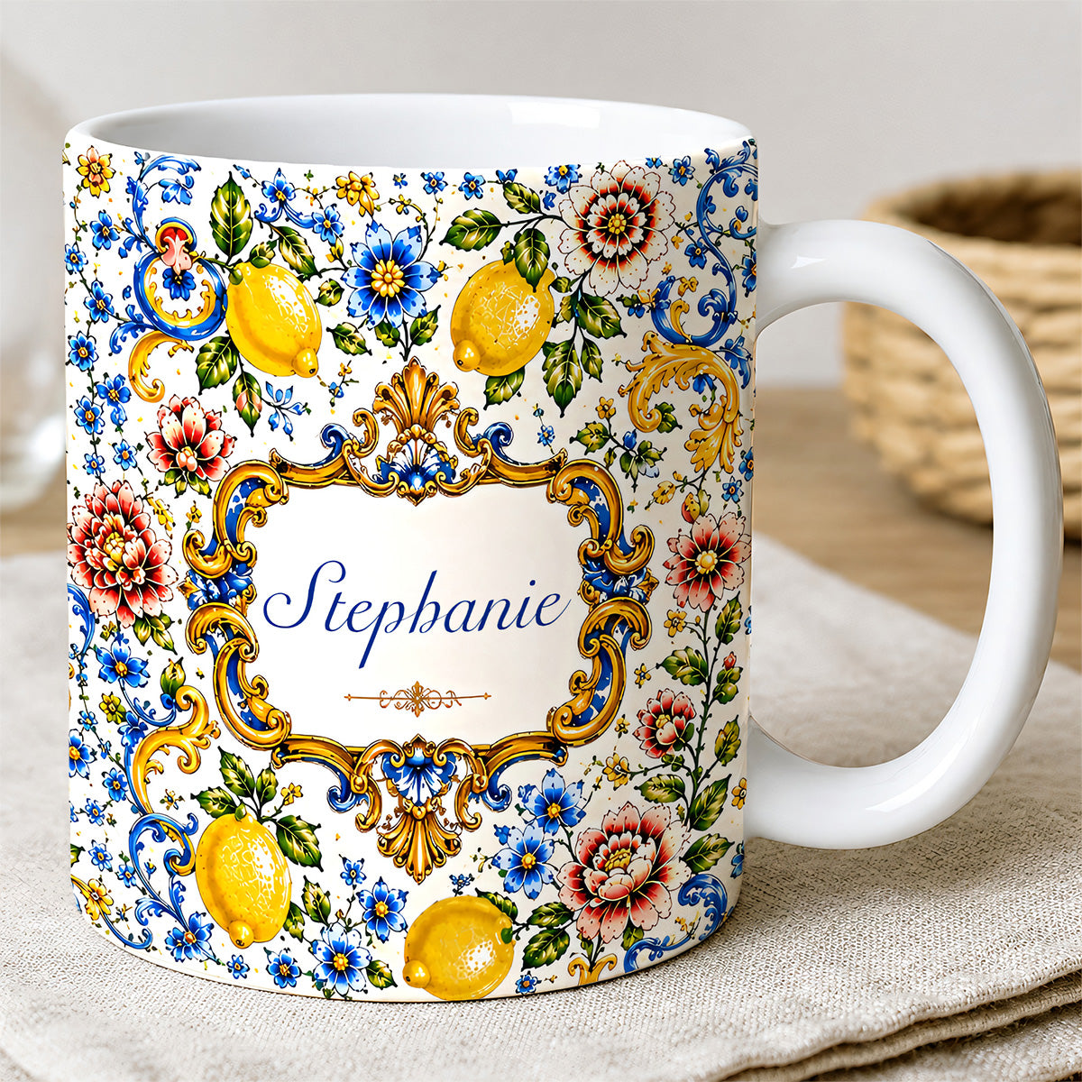 Mediterranean Style & Majolica Print Blue Lemon - Personalized Accent Mug-Myprintsy